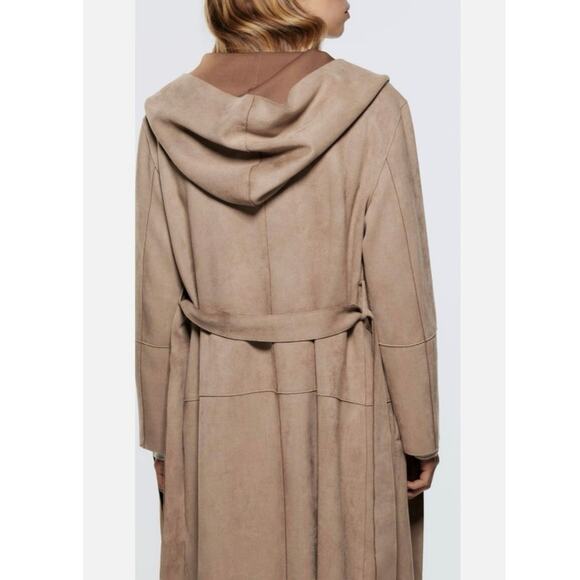 Zara Faux Suede Contrast Collar Belted Hooded Wrap Coat Women’s Size XS - Picture 6 of 9